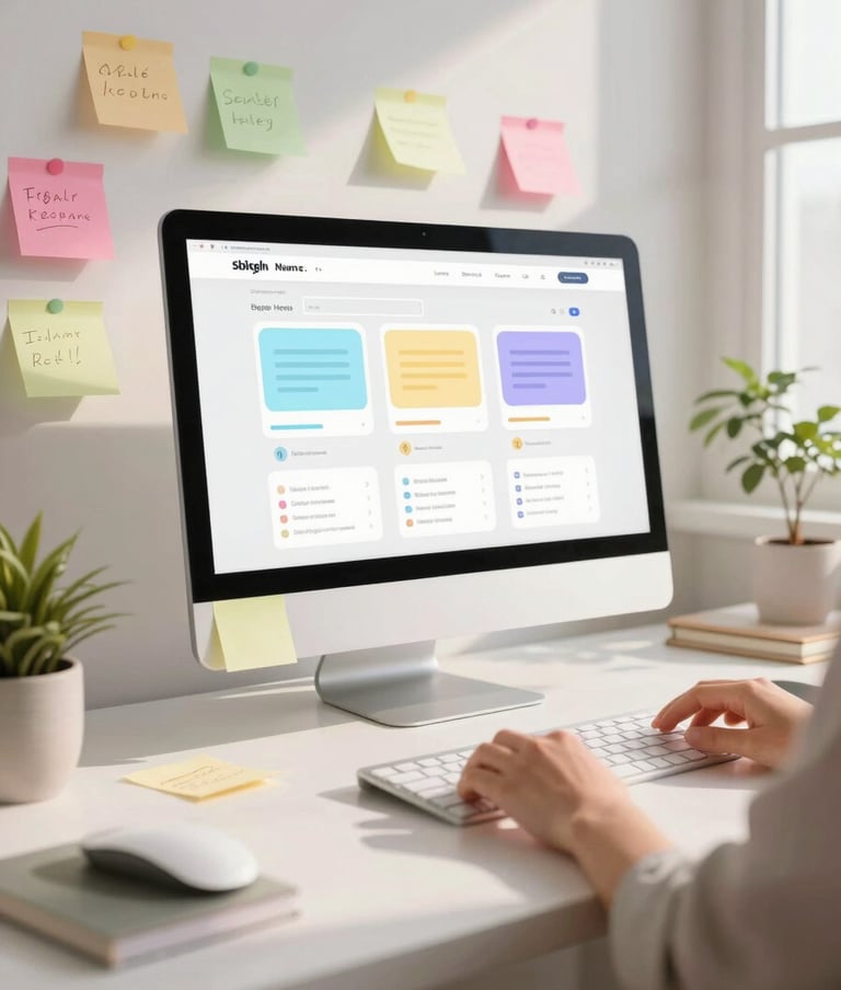 A bright, luminous workspace with pastel post-it notes and sketches of interface layouts. Soft sunlight coming from a window, emphasizing a warm and creative design process.