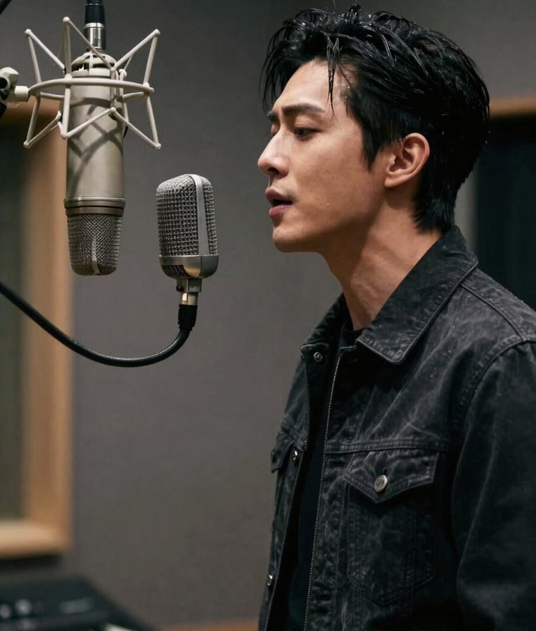 A cinematic, side-profile portrait of a male musician wearing a dark modern jacket, singing into a vintage studio microphone. The lighting is dramatic and moody with deep gray and off-white accents, captured in a professional North American recording studio environment.