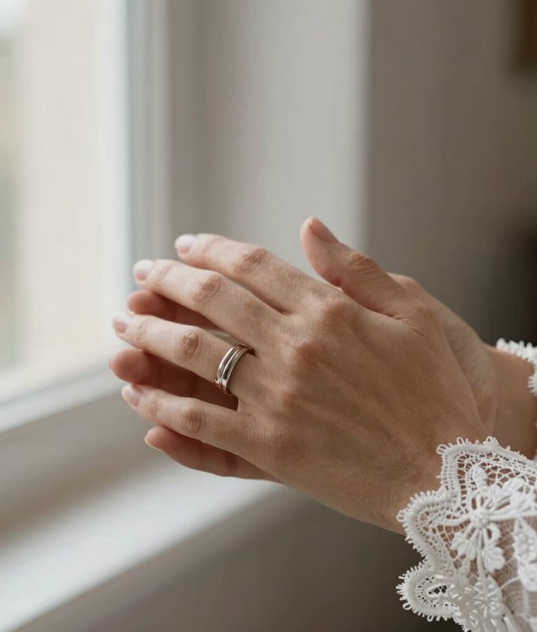 Emotional close-up photography of a Middle Eastern / Turkish couple's hands intertwined, wearing wedding bands. Soft morning light coming through a window, highlighting the texture of the white bridal lace. Warm and inviting mood.