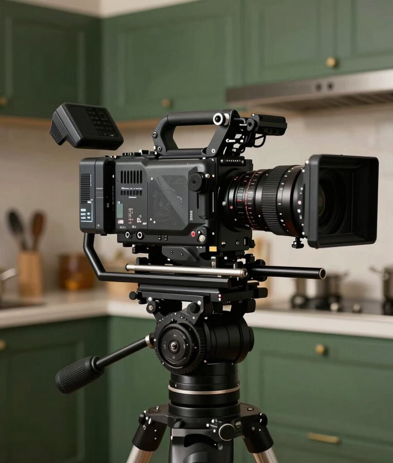 A professional cinema camera on a gimbal, positioned in a high-end Middle Eastern artisanal kitchen, matte forest green and black tones, soft cinematic lighting, professional production atmosphere.