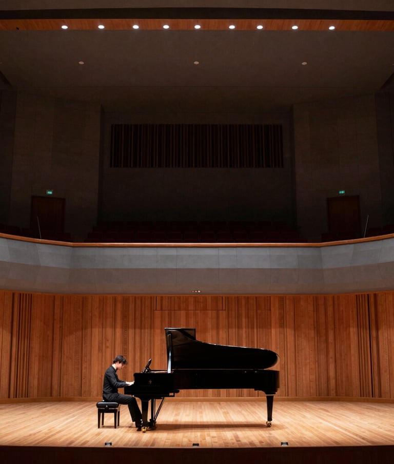 A wide-angle photography shot of a grand concert hall stage featuring a piano and a soloist's position. Warm, sophisticated lighting with dark gray and wood accents. North American / US cultural center.
