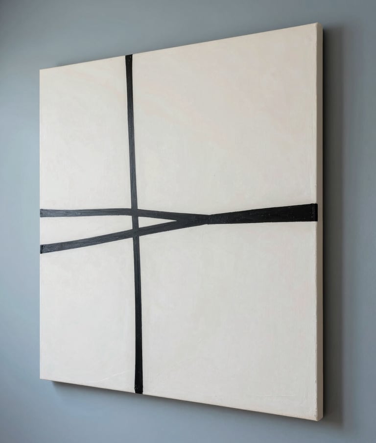 A large canvas of contemporary art hanging on a light steel blue wall. The painting consists of minimalist rich black lines and off-white shapes. The scene is a high-end Latinoamericano / Español residential interior with modern architecture.