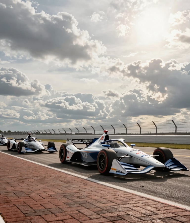 A majestic wide-angle photograph of an IndyCar field crossing the yard of bricks at a famous North American / US speedway. The sky is a dramatic mix of light gray and bright light, highlighting the sleek lines of the open-wheel racers. High-end editorial style.