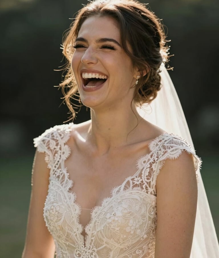 A candid portrait of a bride laughing heartily, her face backlit by warm sun-drenched light, wearing a soft off-white lace gown.