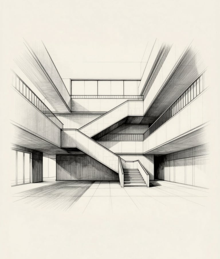 A minimalist, large-scale black and white architectural sketch of a building's interior staircase and atrium. The lines are precise and confident, emphasizing the play of light and shadow. The background is a soft beige paper texture. Mood: Sophisticated and intellectual.