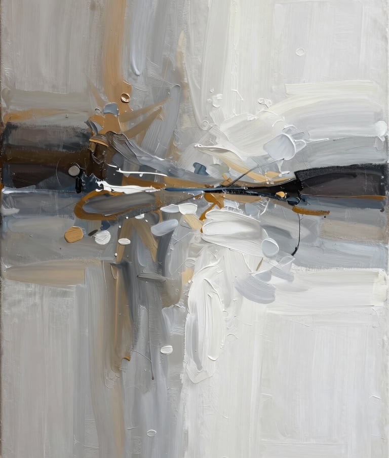 A sophisticated close-up of an original acrylic abstract painting on a textured canvas. The composition features elegant sweeps of warm charcoal and alabaster white, reflecting a clean and modern aesthetic. Professional studio lighting captures the rich textures of the paint.