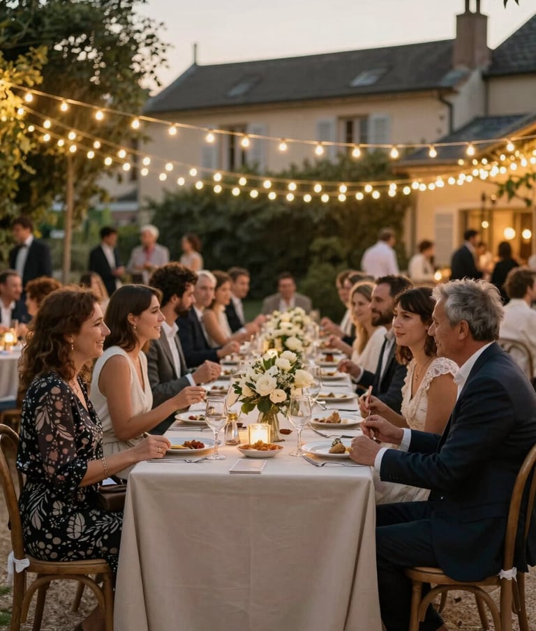 Wide angle cinematic shot of an outdoor French wedding dinner under golden fairy lights, guests interacting naturally in a warm beige setting, authentic lifestyle photography.