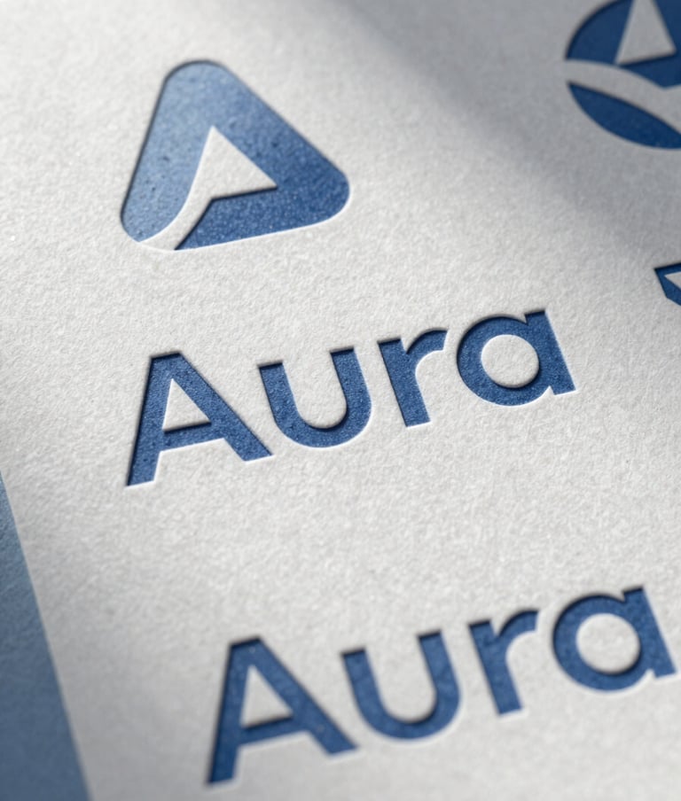 A vertical composition showcasing a series of logo variations for Aura. The logos are embossed on high-quality, textured cardstock in shades of #8D9FB5 and #ECF0F1. The lighting is directional, creating subtle shadows that emphasize the tactile print quality.