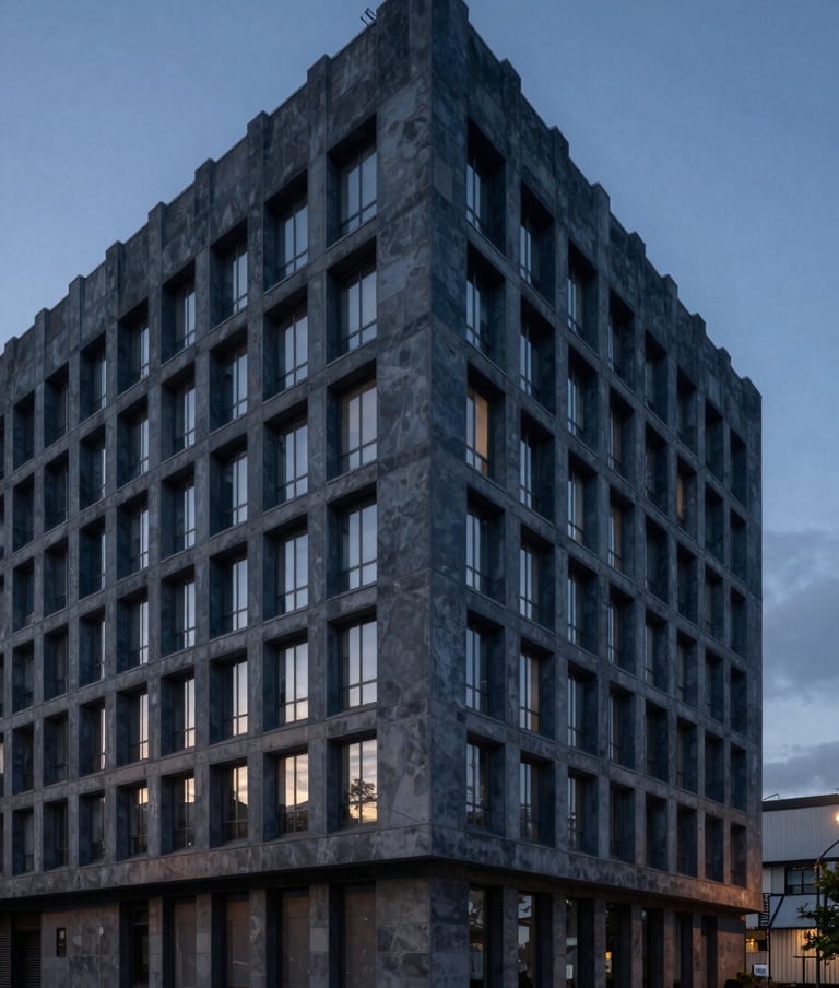 A wide architectural shot of a brutalist building facade at dusk. The building is cast in deep Charcoal Blue, with highlights in Dusty Slate under a darkening sky.