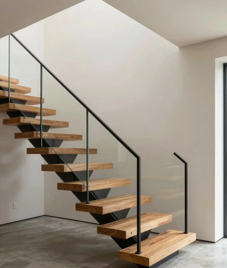 A wide architectural shot of a floating wooden staircase with custom black steel and glass railings. The room is a high-end modern residence with soft off-white walls and polished concrete floors.