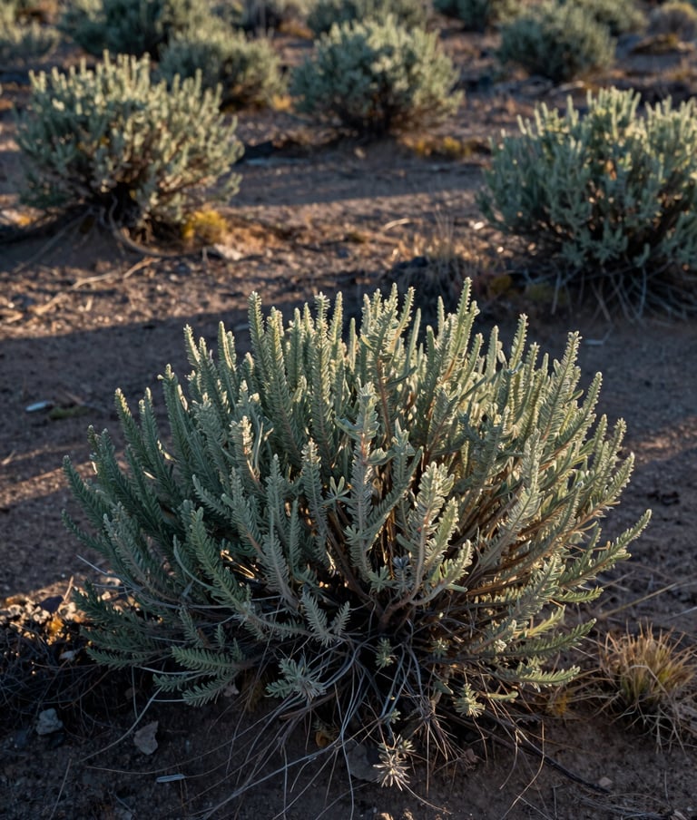 Close-up photography showing the rugged texture of sagebrush and parched earth in Northeast Nevada. Soft morning light casts long shadows across the terrain, highlighting the natural muted green and dark brown palette.