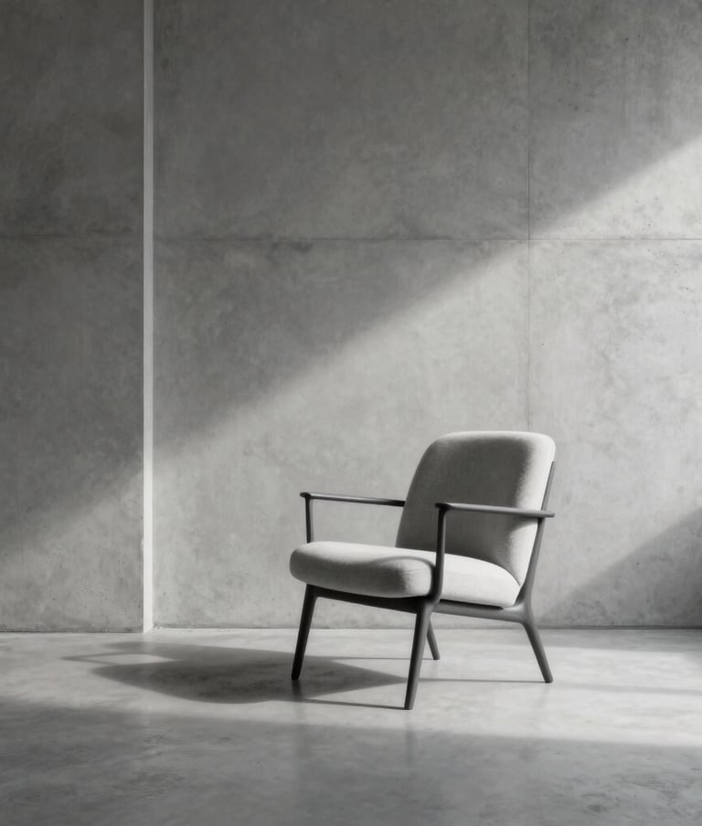 Minimalist photography of a monochromatic interior with smooth concrete walls and a single designer chair, elegant lighting casting soft shadows, North American / US studio.