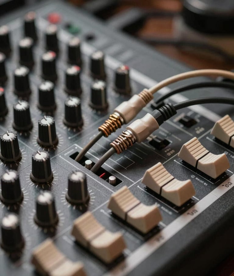 A close-up shot of an analog audio mixer with various cables plugged in haphazardly. The color palette features dark slate grey equipment with warm taupe accents and soft lighting that emphasizes the tactile, hands-on nature of the project.