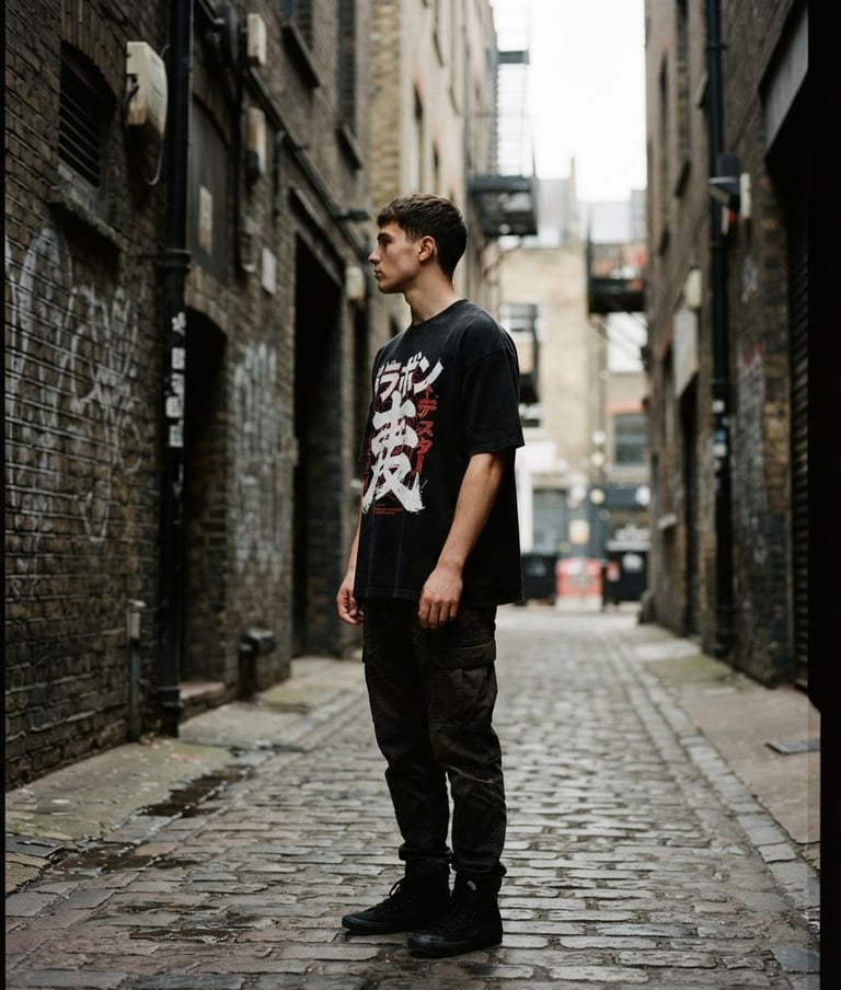 Model wearing a black heavyweight t-shirt with a bold graphic print, seen from the side, standing in a high-contrast urban alleyway with dramatic street shadows, natural overcast daylight, sharp fabric texture, 35mm film look. The image bleeds to the right edge of the frame.