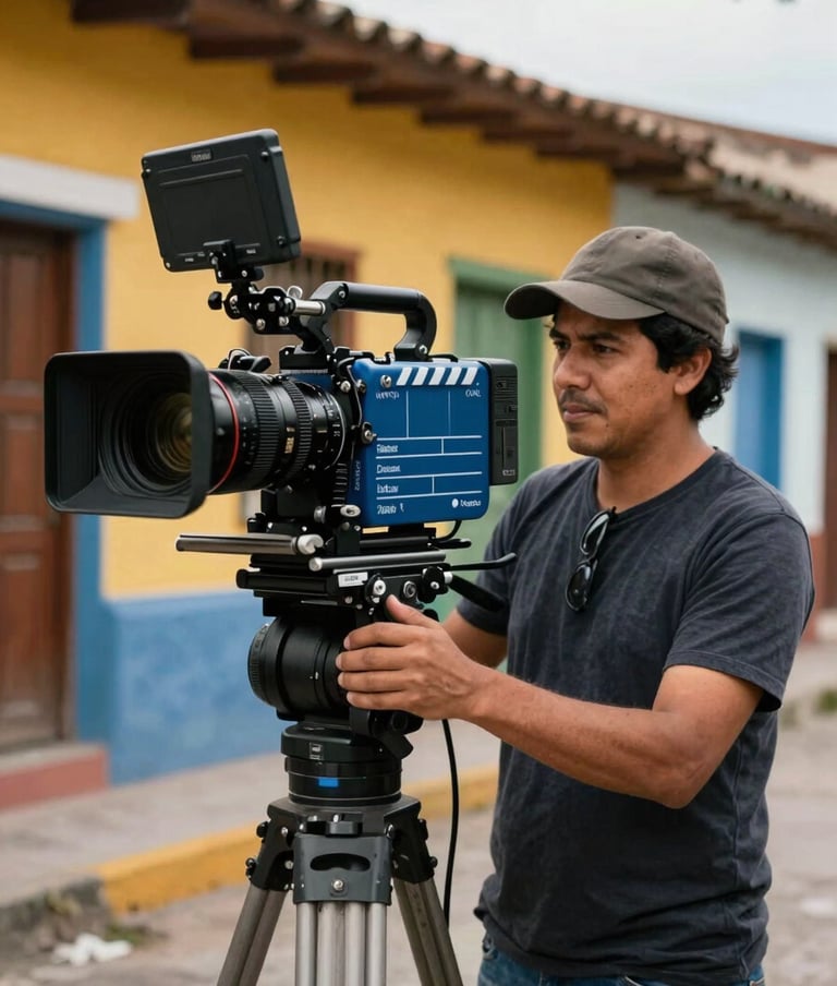 A professional cinematographer using a large shoulder-mounted camera to film a scene in a vibrant Latin American / Hispanic neighborhood, warm natural lighting, slate blue and dark charcoal color accents in the equipment.