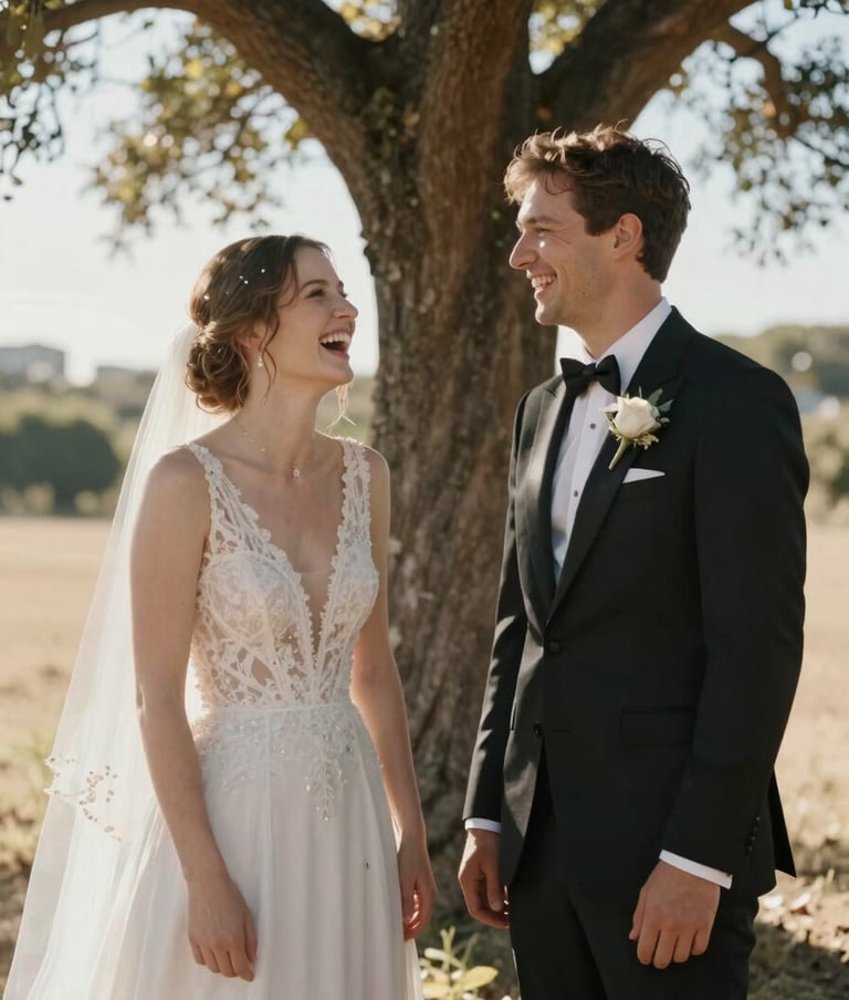 Spontaneous laughter between a bride and groom standing under a cork tree. Cinematic lighting with sun flares, soft sand-colored highlights, and authentic European styling.