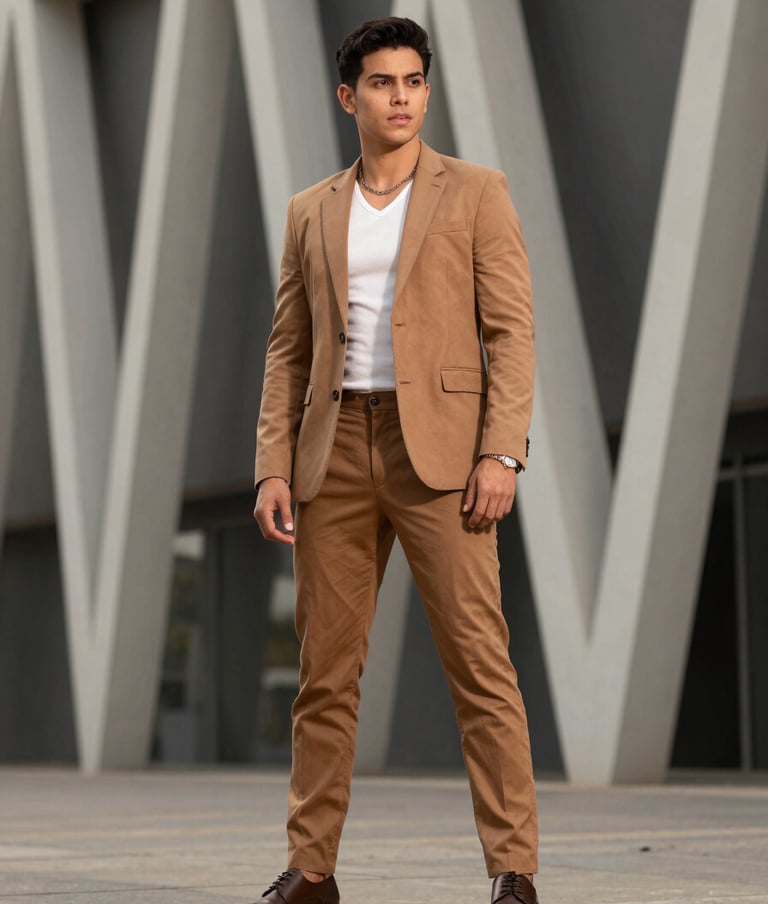 Retrato de plano medio de un influencer latinoamericano con vestimenta sofisticada en tonos tierra, posando frente a una estructura arquitectónica moderna, estilo auténtico y aspiracional.