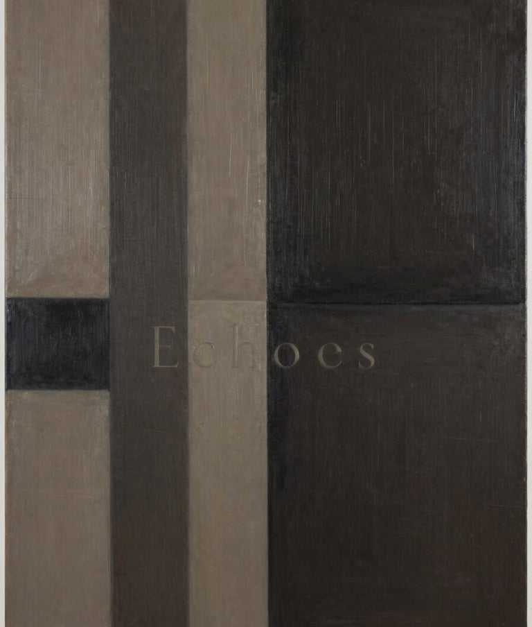 A professional full-view photograph of an abstract painting titled 'Echoes'. The composition features vertical bands of deep charcoal and muted taupe. The lighting is perfectly even, capturing the sophisticated, matte texture of the canvas and the depth of the darker tones.