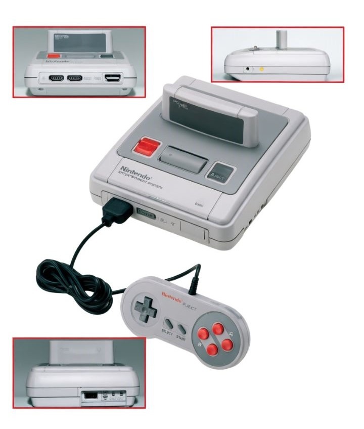 Console Super Famicom completo, mostrando a parte de trás, frent, lado e o conjunto todo