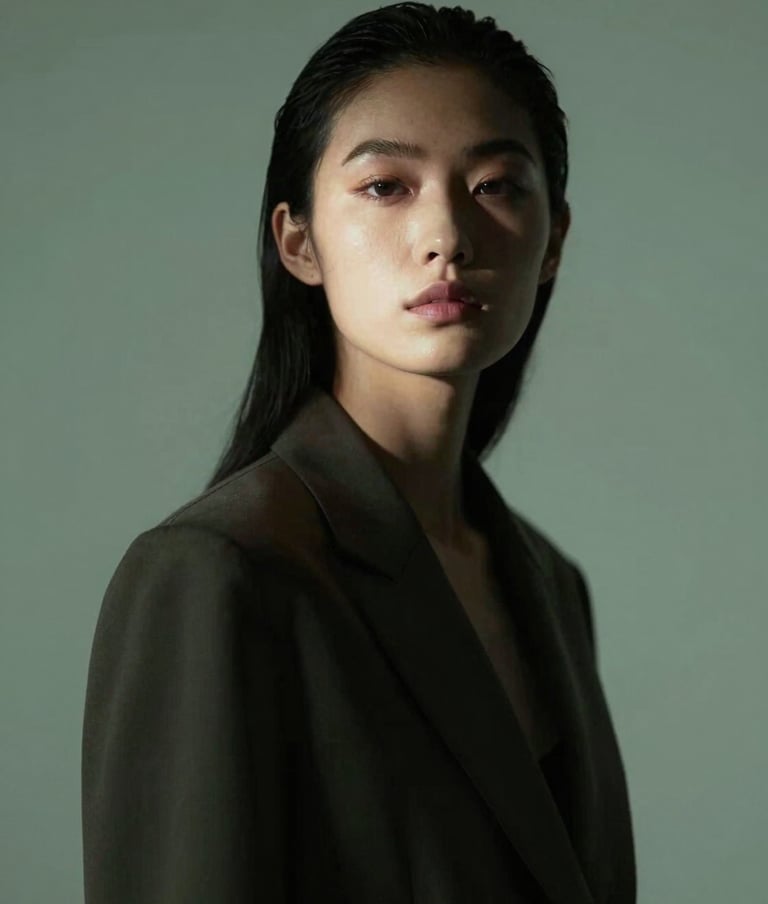 A high-fashion portrait of a woman in shadow and light, using dramatic chiaroscuro lighting. She wears a structured garment. The background is a flat #26211F. The image focuses on visual storytelling and sophisticated creative direction, using #F5F4F0 highlights.