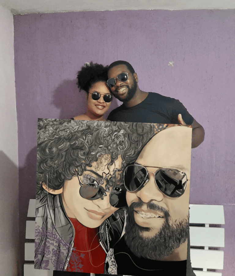 Rosto de namorados em pop-art, com detalhes expressivos e estilo contemporâneo