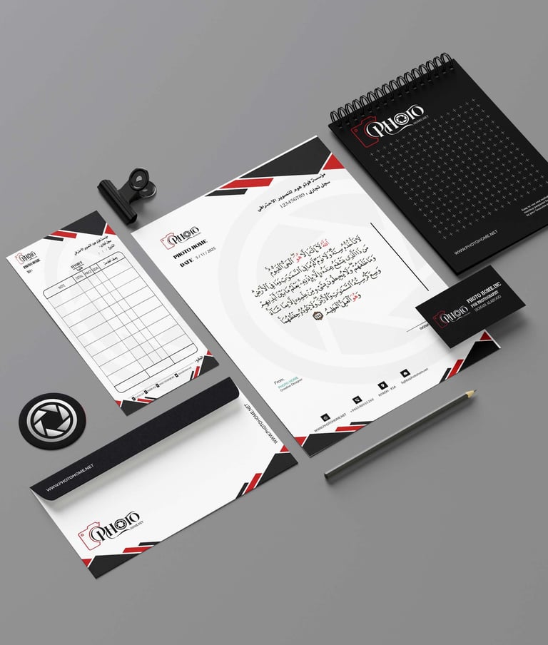 صورة علوية مسطحة (فلات لاي) تعرض هوية بصرية متكاملة لشركة تصوير فوتوغرافي سعودية، تشمل كروت عمل (بزن