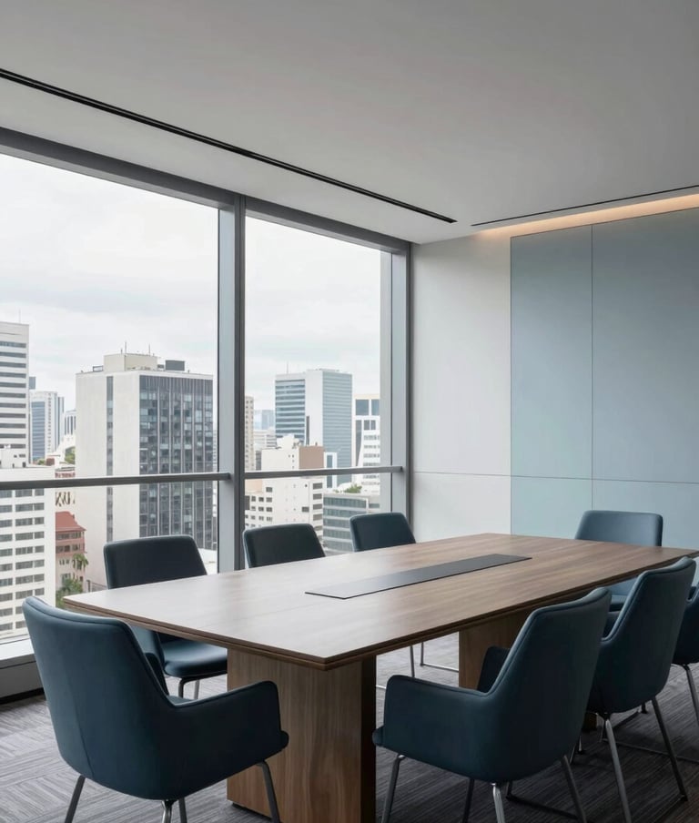 A wide angle shot of a contemporary board room in a South American / Brazilian skyscraper. Large windows reveal a city skyline. The interior has a minimalist design with a large table, chairs in dark slate blue, and pale blue-grey accents. Elegant and professional atmosphere.