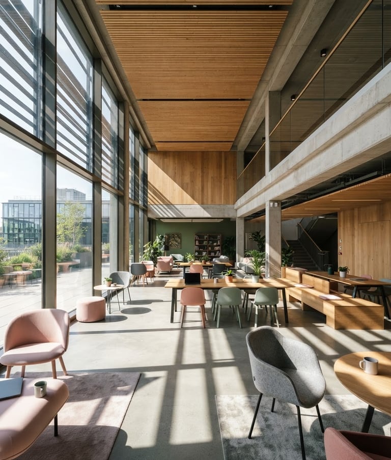 Wide-angle architectural shot of a modern, sunlit collaborative workspace with geometric shadows, natural wood, and concrete elements. No people.