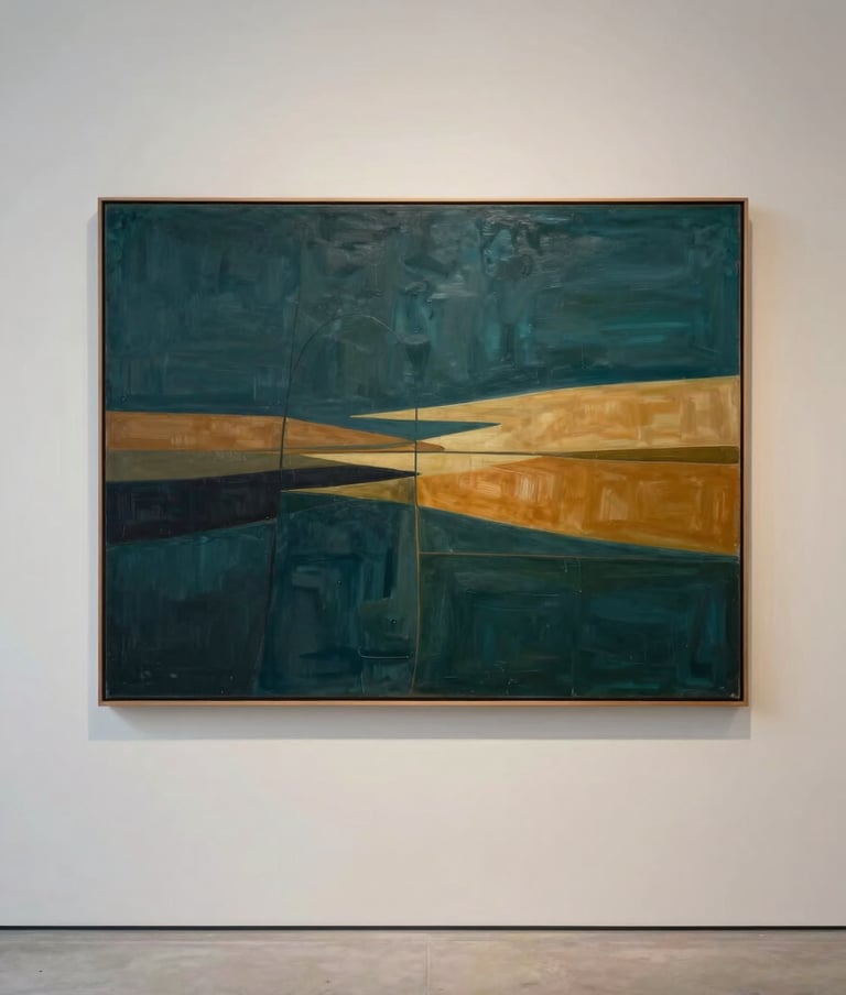 A wide-angle photograph of a large-scale abstract landscape painting hanging on a minimalist soft alabaster wall in a Northern European / Welsh / British art gallery. The painting uses deep midnight teal and warm ochre to depict the energy of the Welsh coastline. Sophisticated, clean atmosphere.