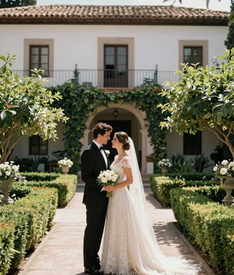 A romantic full-body shot of a bride and groom in elegant attire, standing in a sun-drenched courtyard of a classic Hispanic / Spanish-speaking estate, surrounded by lush greenery and timeless architecture.