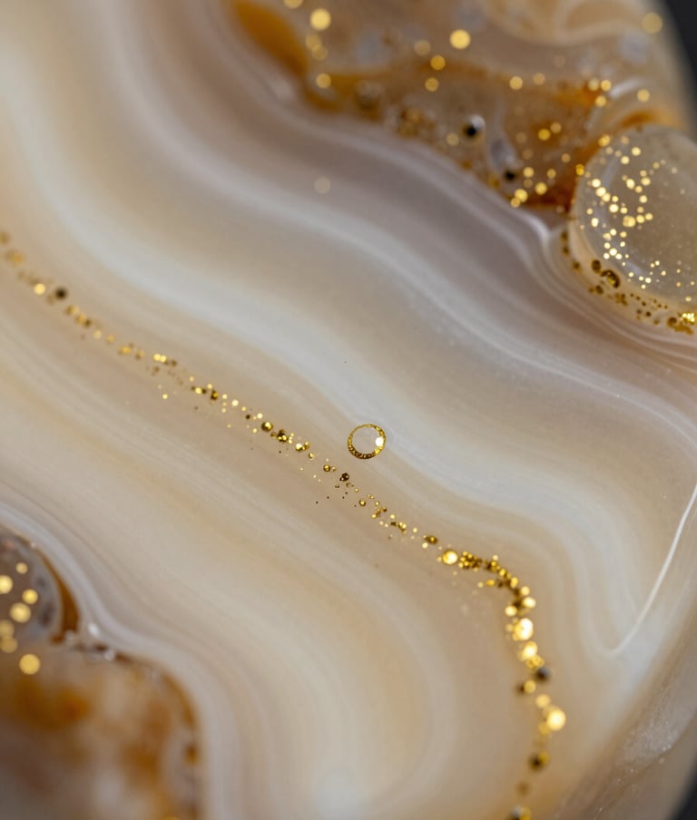 A close-up macro shot of resin textures. The image reveals tiny air bubbles and shimmering gold dust suspended in layers of translucent creamy porcelain and warm stone colors. The lighting is soft and artistic, highlighting the 3D depth of the material.