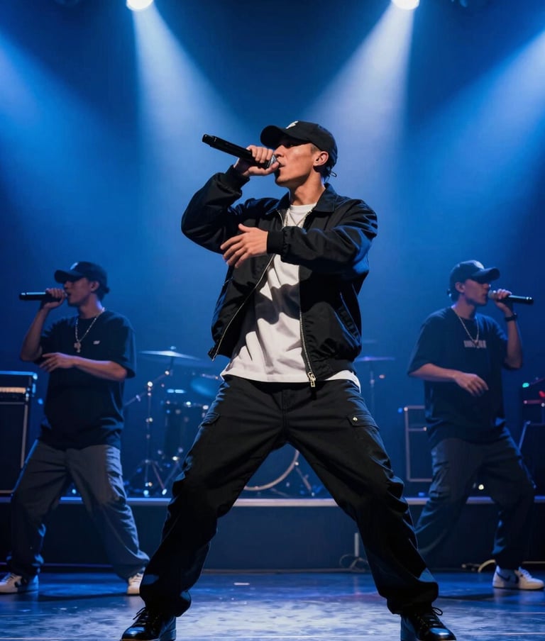 A cinematic photography shot of a high-energy performance in a North American / US music hall. The artist is captured in motion, bathed in dramatic slate blue and muted blue spotlights, creating a bold, immersive atmosphere of hip-hop culture.