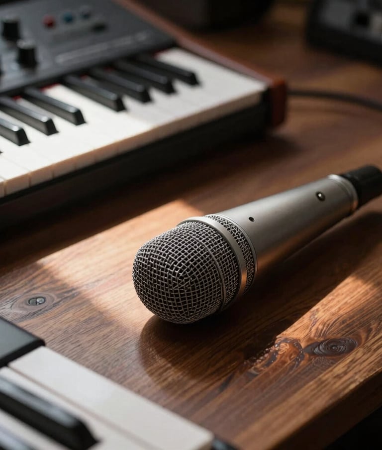 Close-up photography of a professional music production setup in an International / Western studio. A high-quality microphone and a sleek synthesizer are arranged on a dark brown wooden desk. The composition is artistic and personal, with a single ray of sunlight adding warmth.