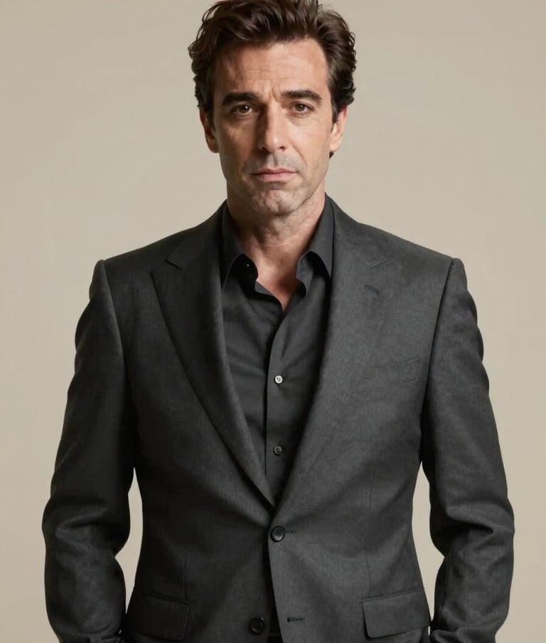 Elegant album cover art for an Italian tenor. A dramatic chiaroscuro portrait of the artist in a dark anthracite suit (#262626) against a soft sand (#DDCBC0) backdrop. Sophisticated lighting highlights the emotional expression.