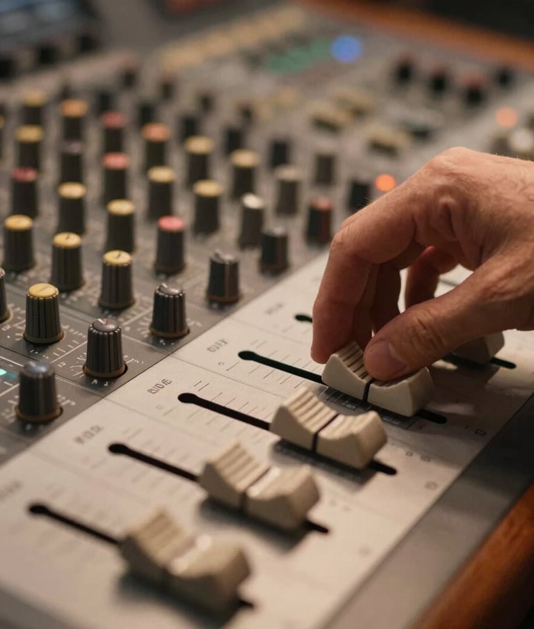 Close-up of a music producer's hands adjusting faders on a professional mixing console. The lighting is warm beige, highlighting the textures of the equipment and mahogany wood accents. Cinematic depth of field.