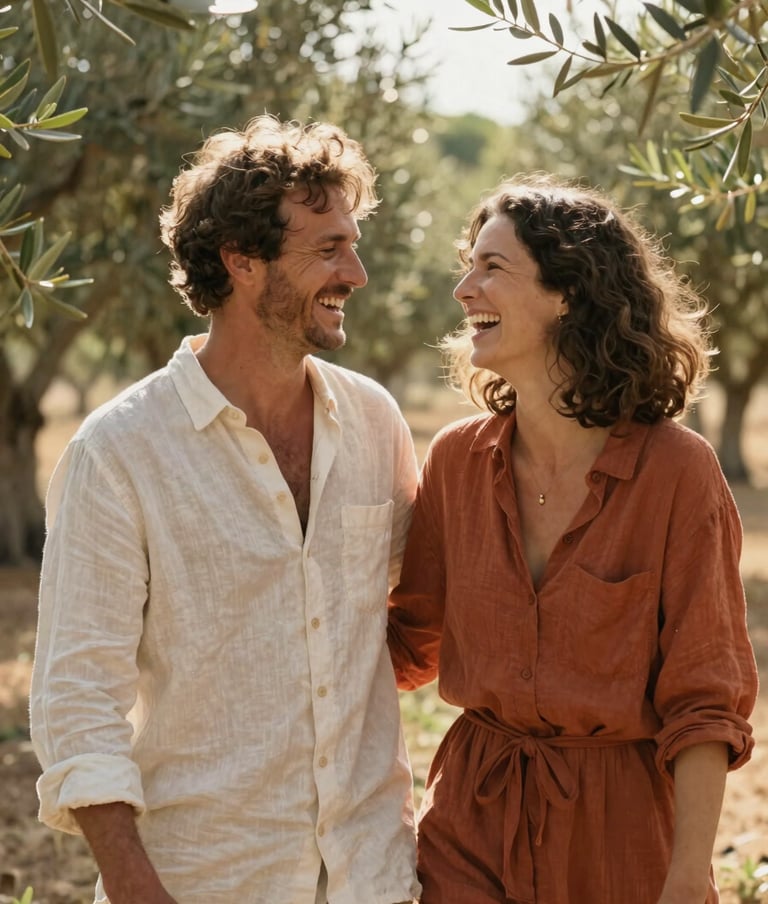 Medium shot of a couple laughing together in a sun-lit olive grove in Spain, natural cinematic style, soft sun flares, wearing linen clothes in cream and terracotta.