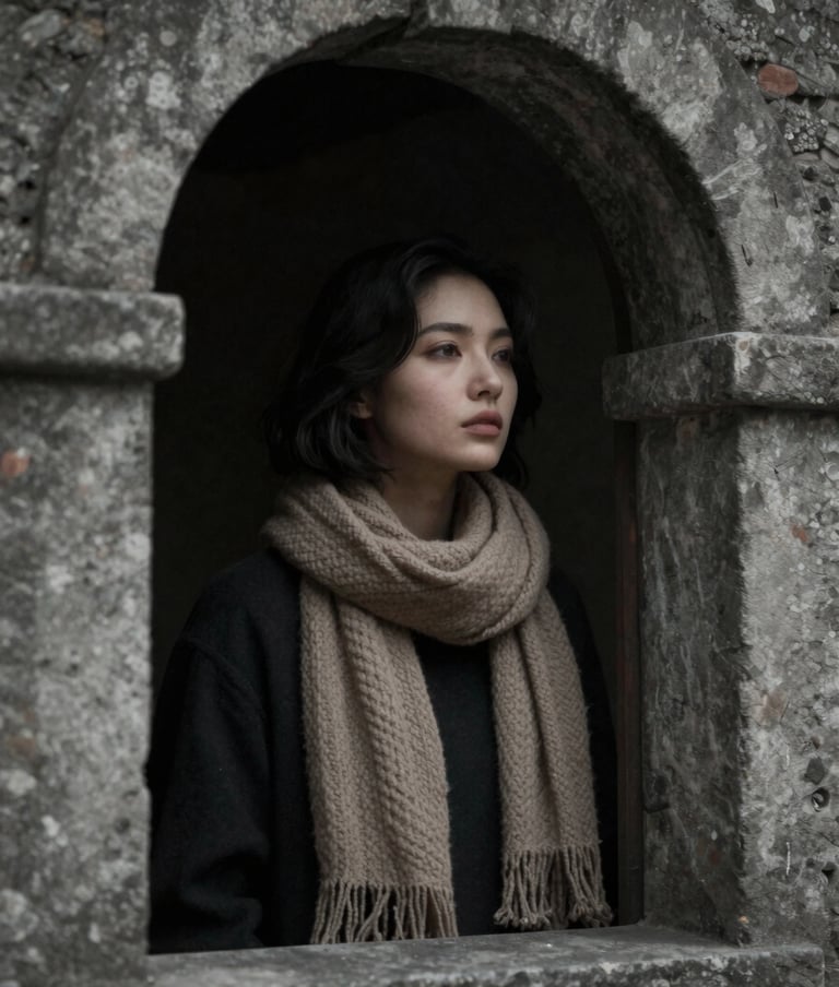 A cinematic portrait of a person looking through an arched stone window. The lighting is soft and moody with deep #262626 shadows. They are wearing a textured #C4B29A scarf. The composition captures a moment of quiet reflection and presence, with a vintage film grain texture.