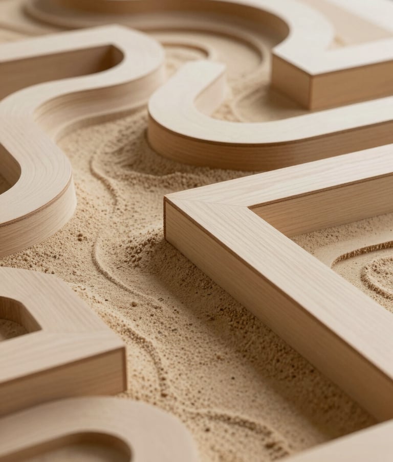 A close-up, high-angle shot of a complex topographic architectural model made of warm sand beige wood and textured paper. The composition is minimalist, highlighting clean lines and geometric shapes. Soft, diffused natural light.