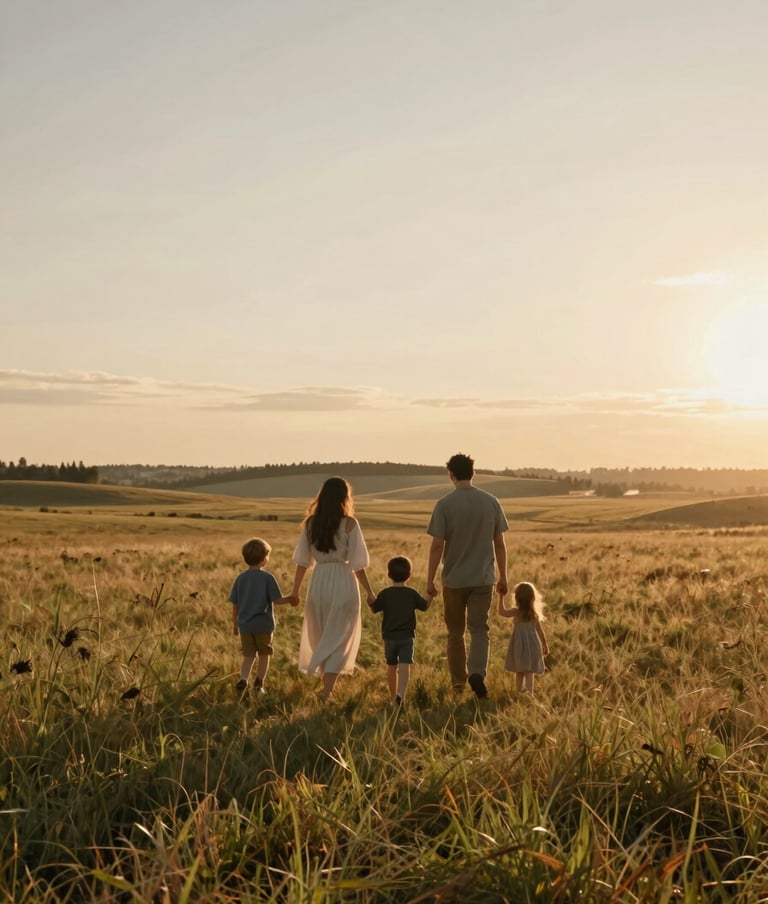 A wide-angle cinematic shot of a family walking hand-in-hand through a grassy meadow in a North American / US rural landscape at sunset. The scene is filled with warm, hazy light and soft sand tones.