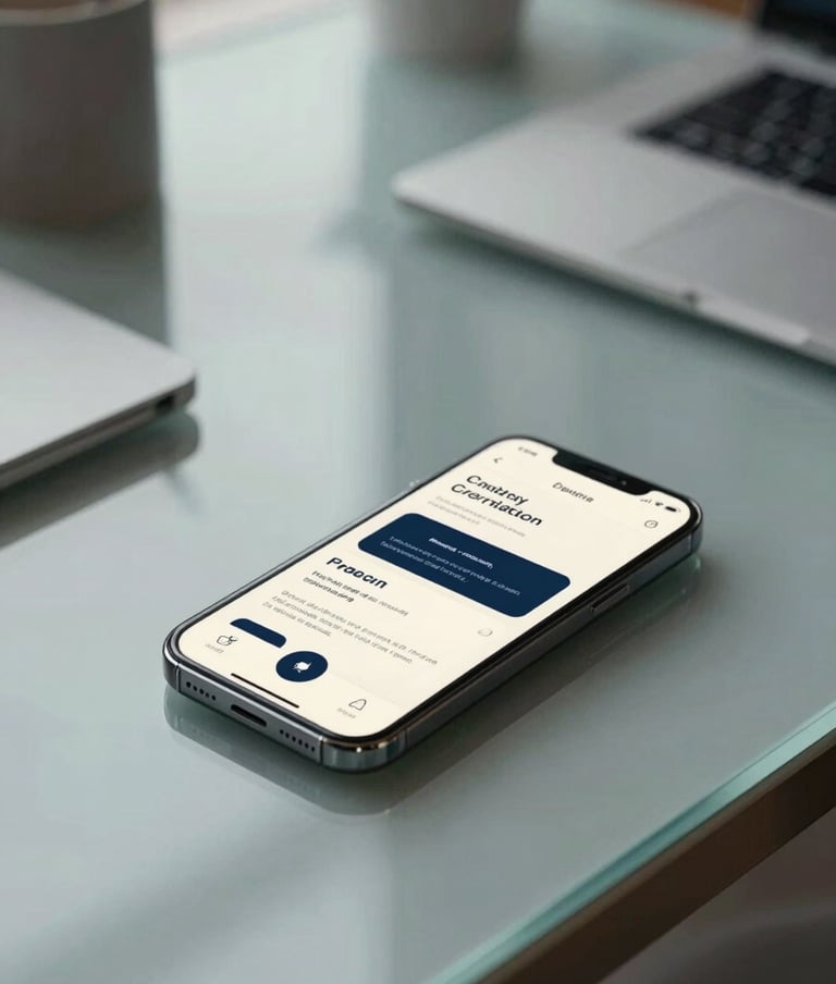 Cinematic and minimalist shot of a creative workspace in a North American / US skyscraper, focusing on a clean glass table with a single smartphone showing a professional mobile app design with soft off-white and dark navy colors.