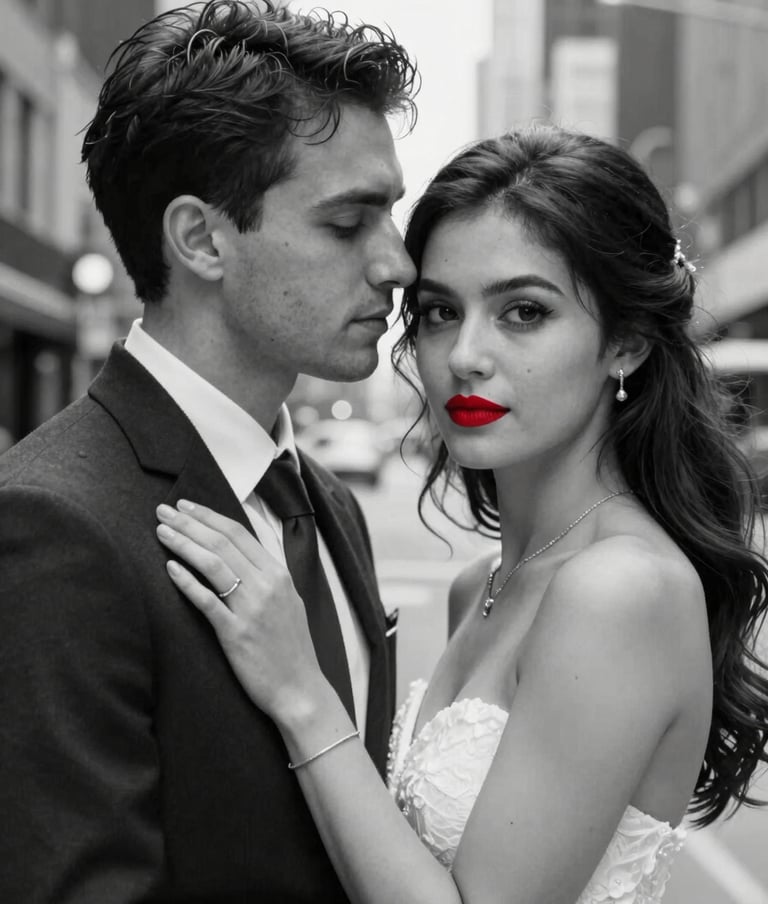 A black and white portrait of a couple in a North American / US city setting, with selective red color appearing only on the bride's red lipstick, cinematic and sharp.