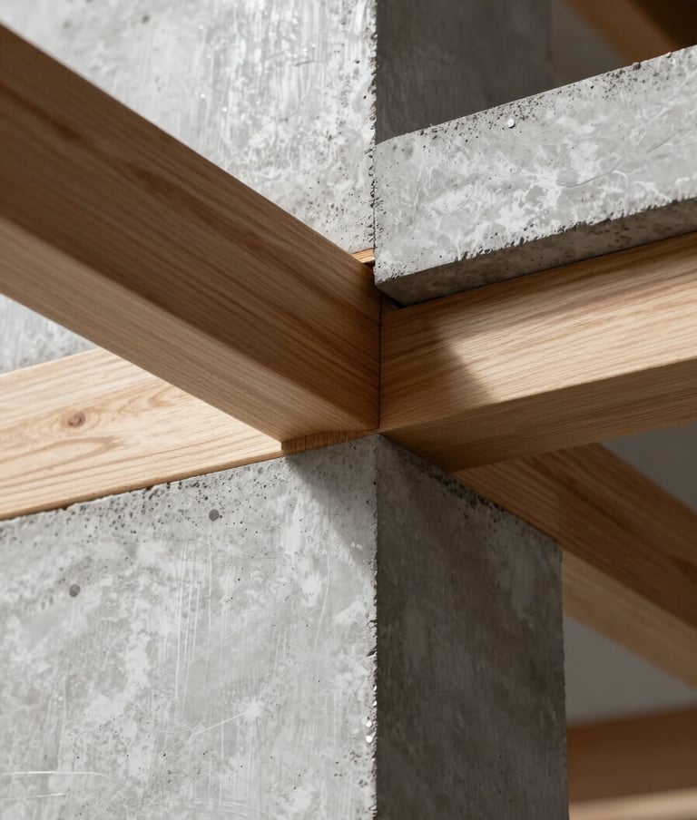 Close-up architectural detail of wood joinery and concrete textures. The palette is dominated by light silver gray concrete and warm wood. High-contrast lighting highlights the technical rigor of the construction. Sophisticated and clean aesthetic.