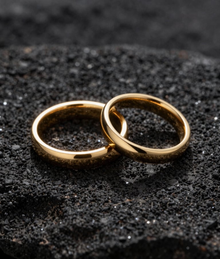 Macro photography of two gold wedding rings resting on a dark, textured volcanic stone. Dramatic side lighting creates long shadows and emphasizes the brilliance of the metal. Elegant and minimal composition.