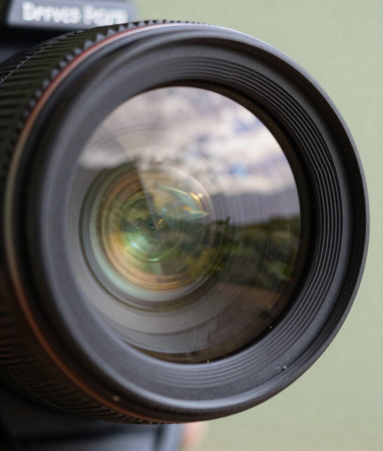 Close-up of a professional camera lens reflecting a South American / Brazilian landscape, with soft Pearl White bokeh highlights and a Pale Sage Green background, emphasizing artistic precision.