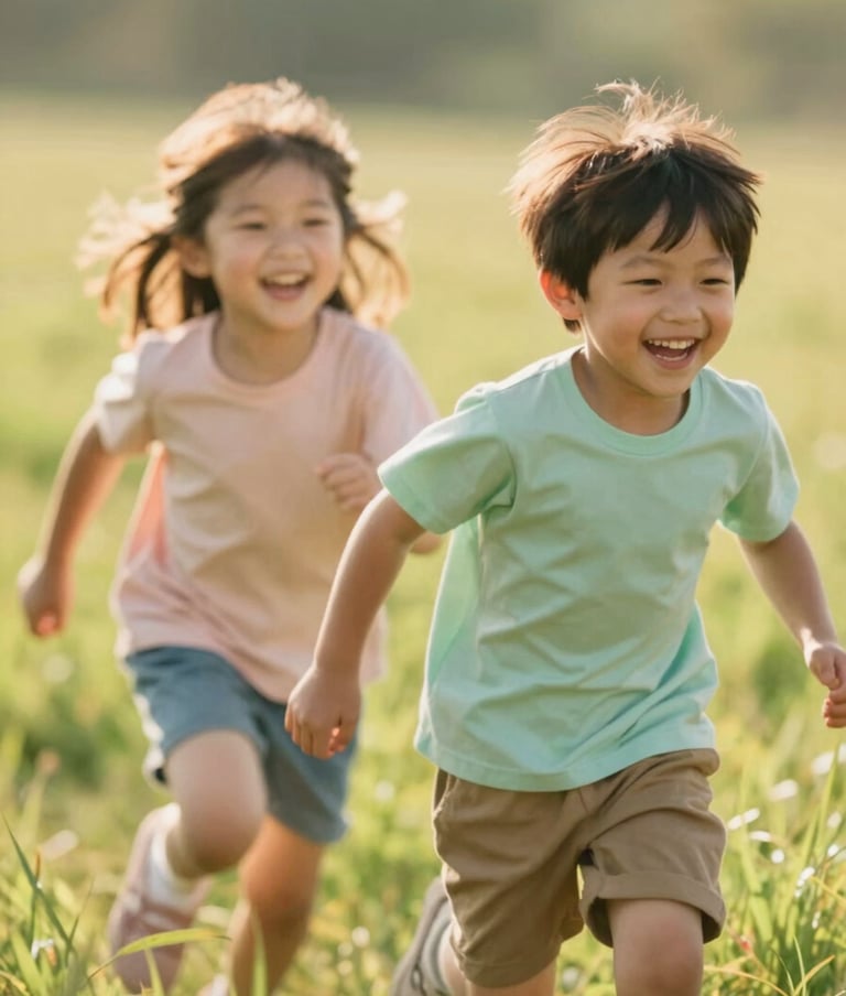 A candid, close-up shot of two children laughing while running through tall grass. Soft, sun-drenched backlighting creates a dreamy halo effect. Warm tones with colors reflecting #F8F0E3 and #8C4E40.