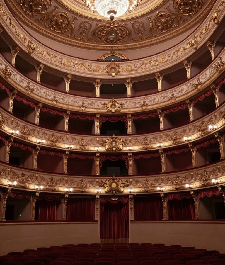 An elegant shot of an ornate opera house interior, focusing on the intricate gold leafing and red velvet curtains. The composition is regal and balanced, showcasing the grandeur of the setting using #8D6A6A and #C8B8B8.