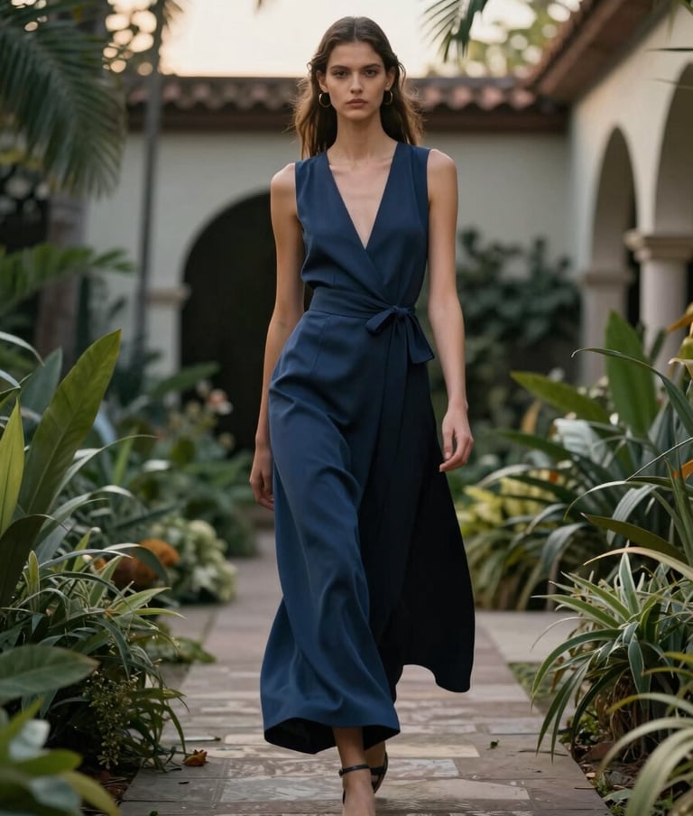 A cinematic video thumbnail of a fashion model walking through a lush South American architectural garden, soft evening sunlight, high-end editorial style, muted charcoal and blue tones.
