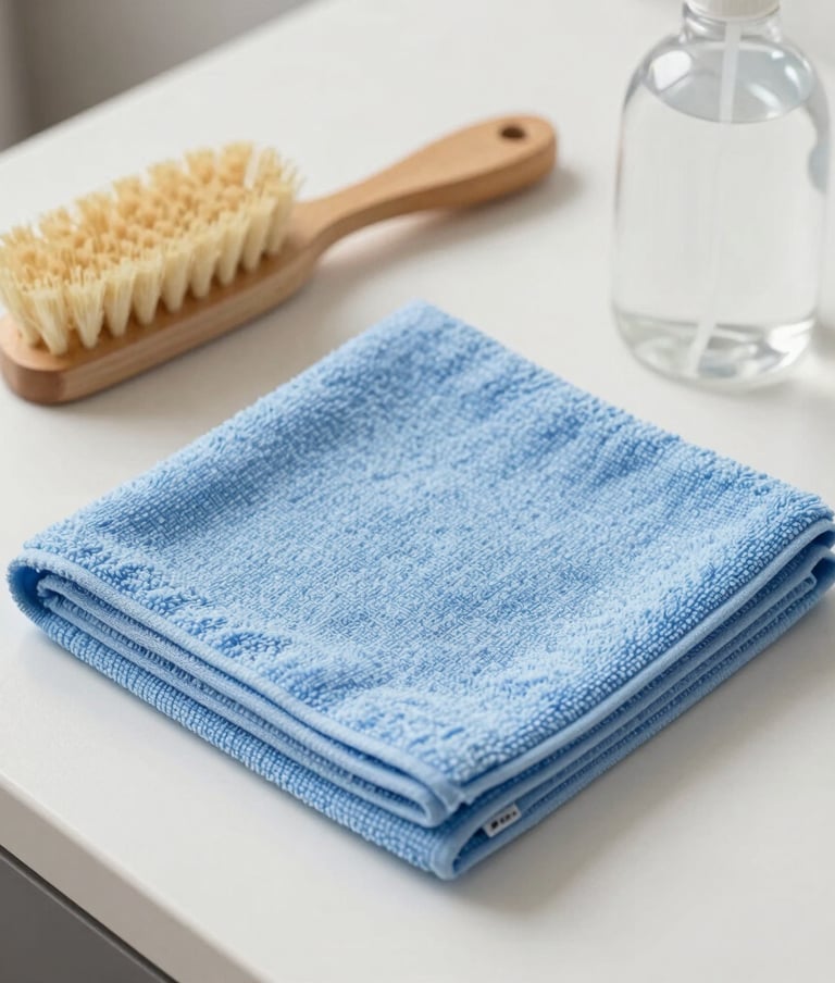 A clean, high-angle shot of organized cleaning supplies: a folded light blue microfiber cloth, a wooden brush, and a clear spray bottle on a white surface. North American / US home style, simple and professional.