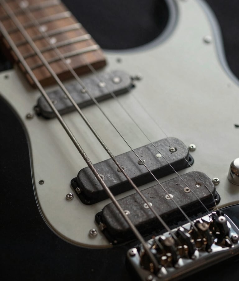 Macro shot of electric guitar strings, deep charcoal black background, soft mist off-white light reflecting off the steel, gritty and industrial texture.