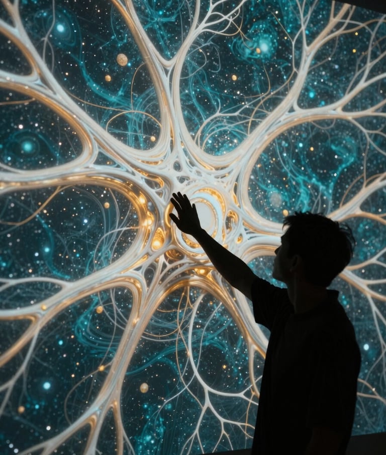 A cinematic side-lit photograph of a person's silhouette reaching toward a wall-sized digital projection. The projection consists of complex, flowing organic networks in Soft Alabaster White and Burnished Gold against a Deep Atlantic Teal background, resembling both neural pathways and celestial maps.